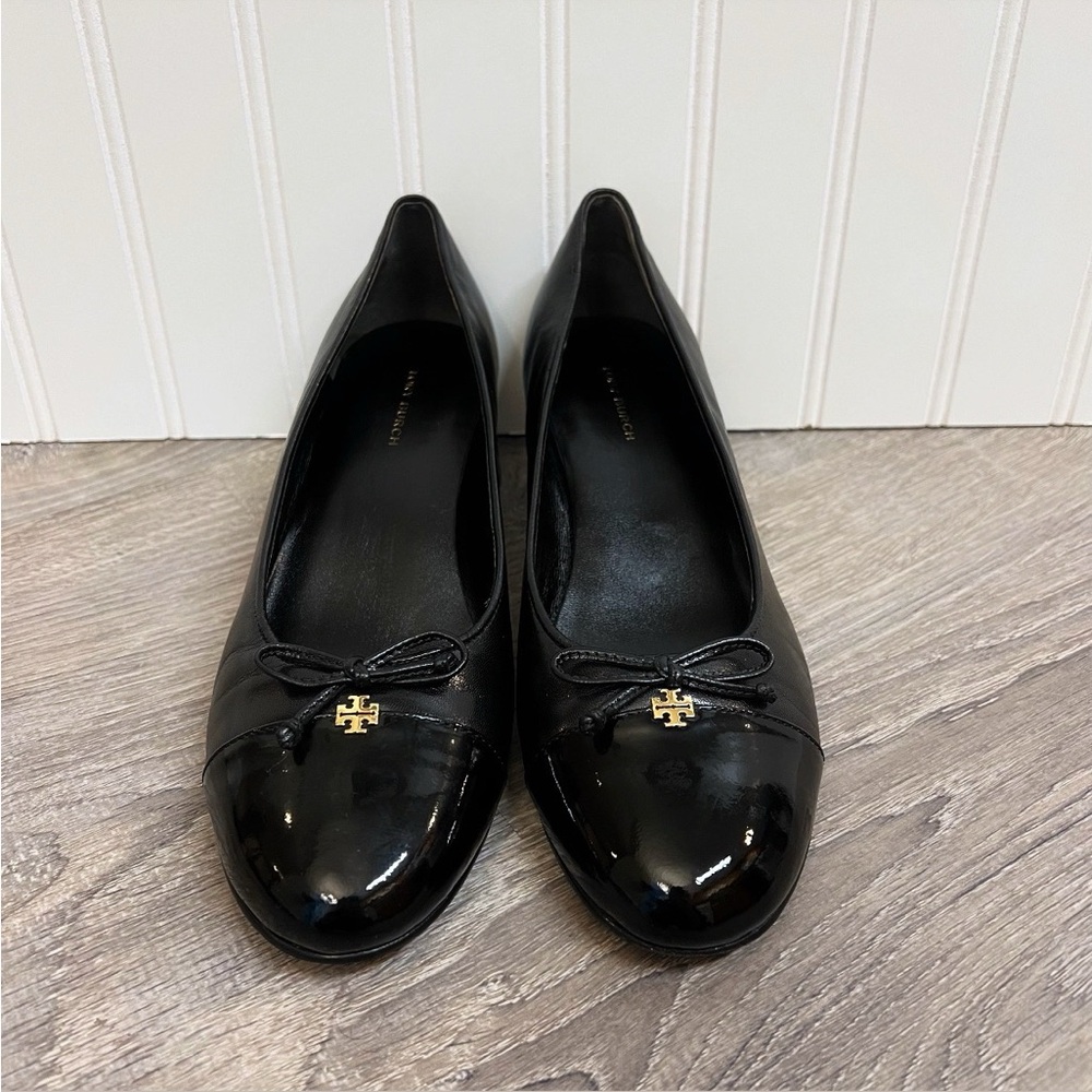 TORY BURCH Mixed Black Leather Cap-Toe Ballerina Block Pumps Size 7 - Picture 6 of 14